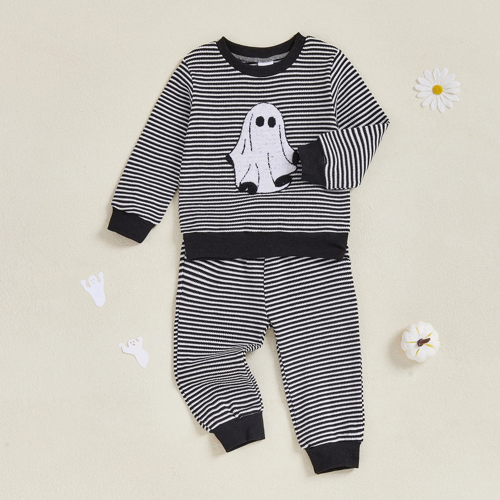 Baby Toddler Boys 2Pcs Halloween Outfit Ghost Embroidery Striped Long Sleeve Top and Elastic Pants Clothes Set