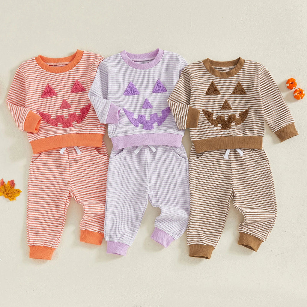 Toddler Boys Halloween 2Pcs Pants Sets Long Sleeve O Neck Pumpkin Embroidery Tops Striped Pants Sets