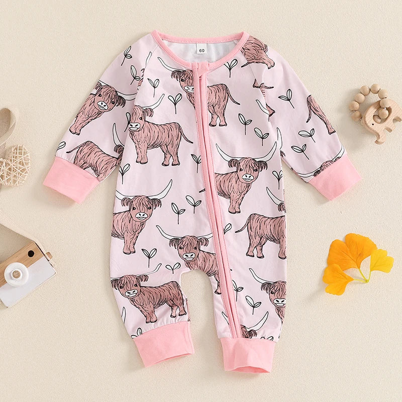 Baby Girls Boys Highland Cow Romper Print Long Sleeve Zipper Jumpsuit Fall Bodysuit