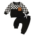 Baby Toddler Boys 2Pcs Fall Clothes Checkerboard Print Long Sleeve Pocket Top with Solid Color Long Pants Outfit Set