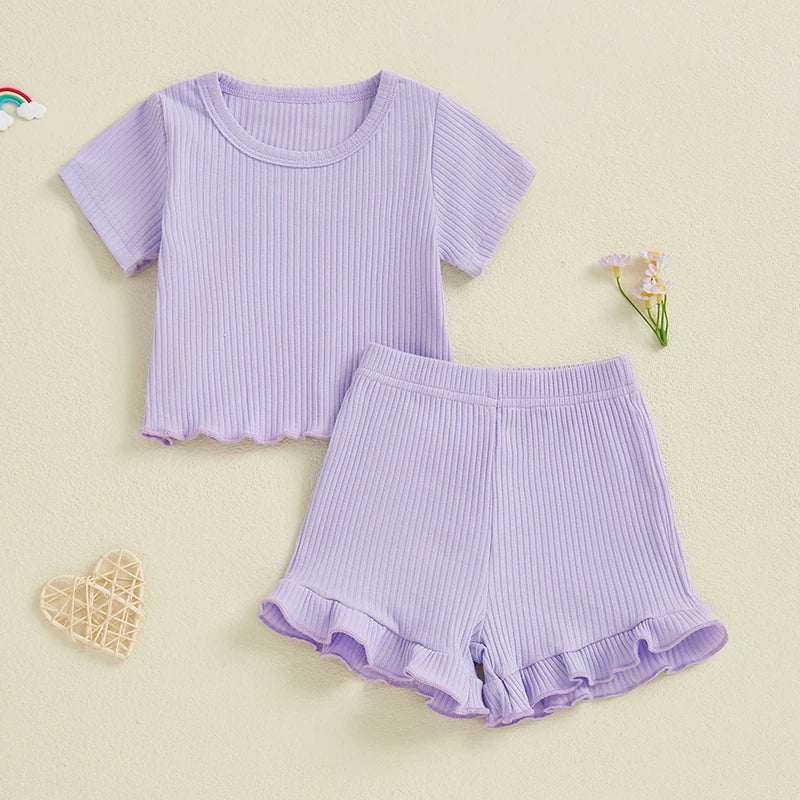 Baby Toddler Girls 2Pcs Ribbed Outfit Solid Color Short Sleeve T-Shirt Top Elastic Waist Ruffle Shorts Set