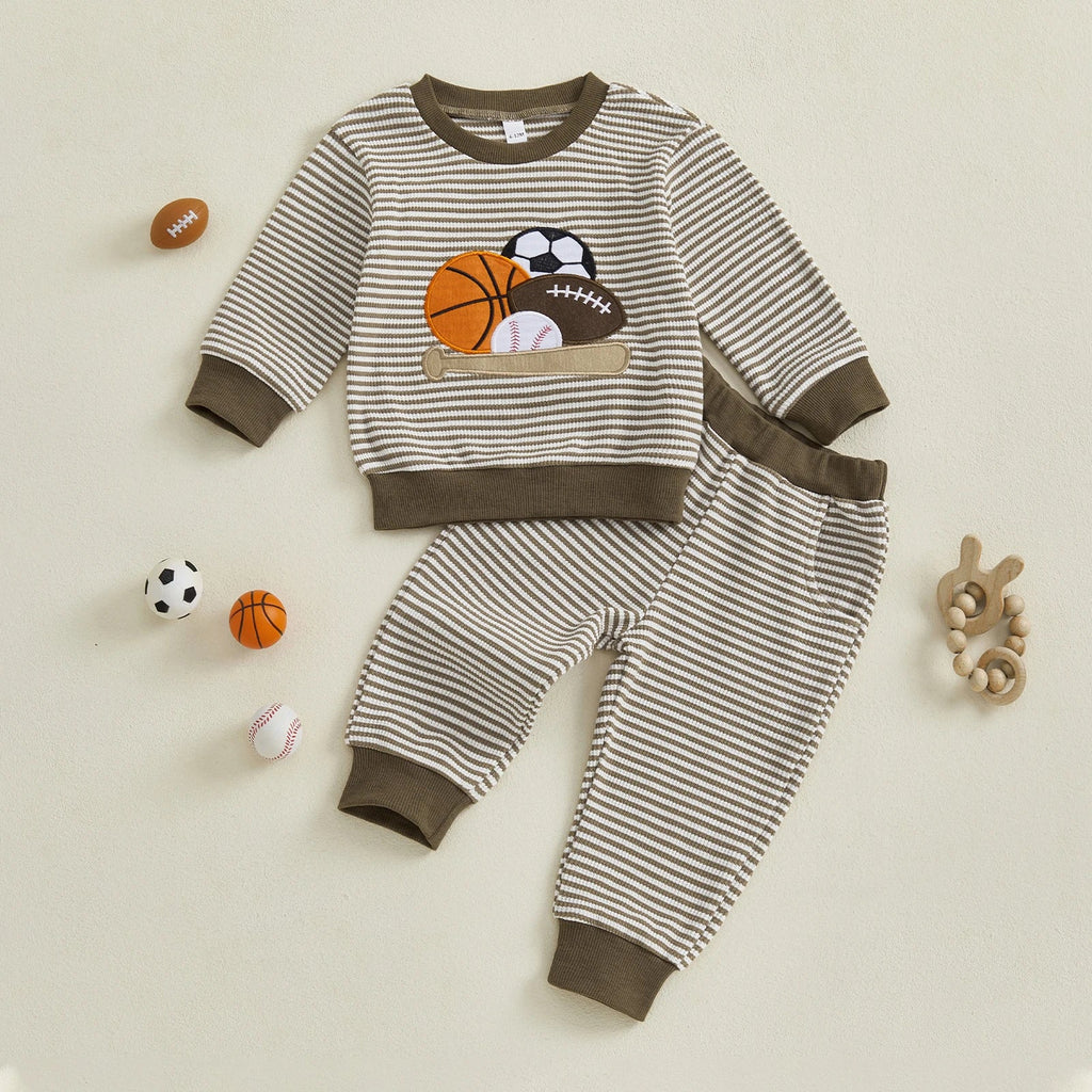 Baby Toddler Boys 2Pcs Fall Outfit Rugby Embroidery Striped Long Sleeve Top and Elastic Pants Clothes Set
