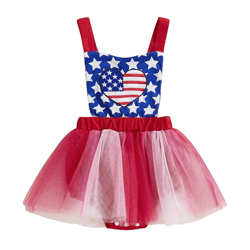 Baby Girls Romper Dress Sleeveless Tank Stars USA Flag Heart Tulle Patchwork Party Bodysuit Tutu Summer 4th of July Clothing