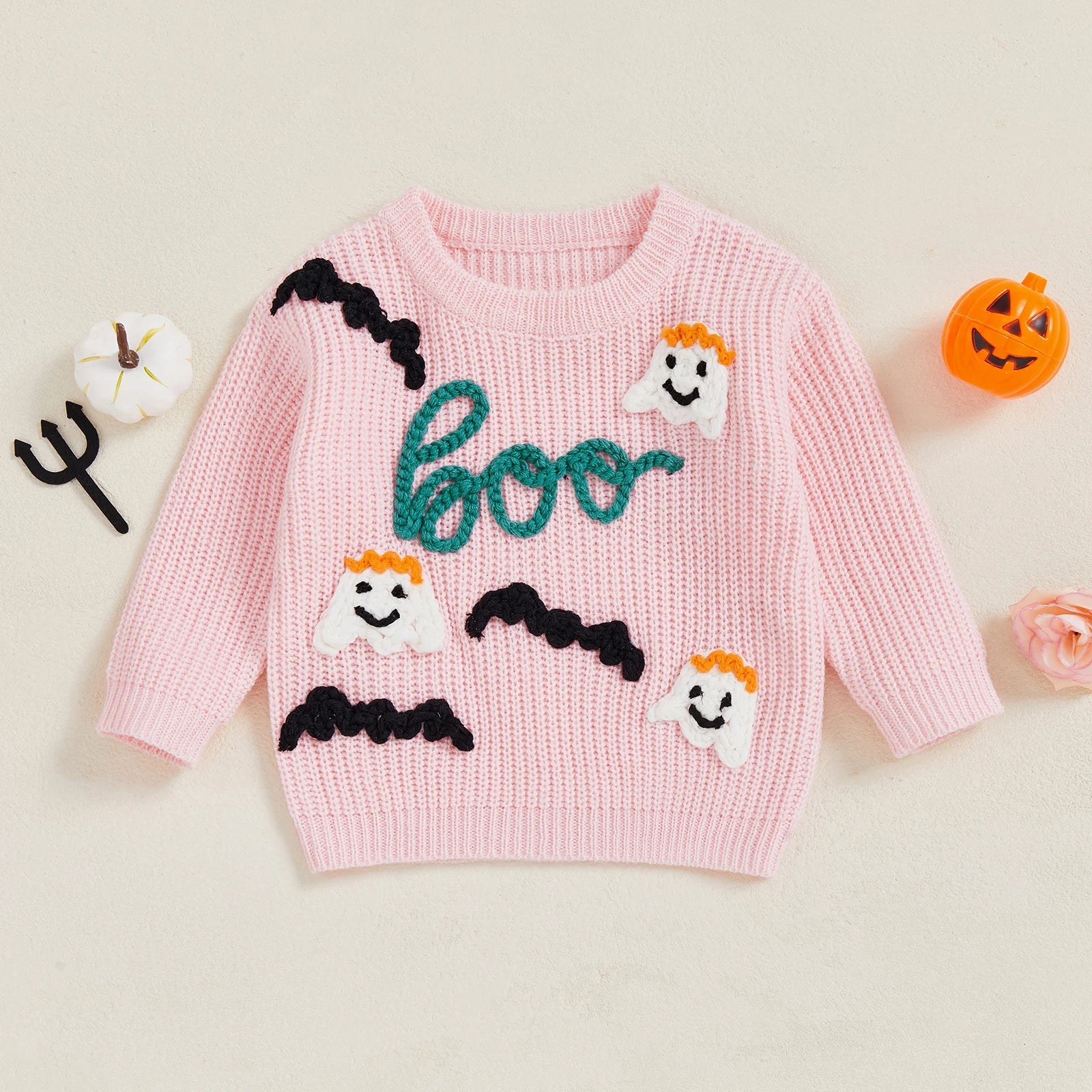 Baby Toddler Girls Halloween Sweater Long Sleeve Round Neck Letter Boo Ghost Embroidery Knit Pullover Top