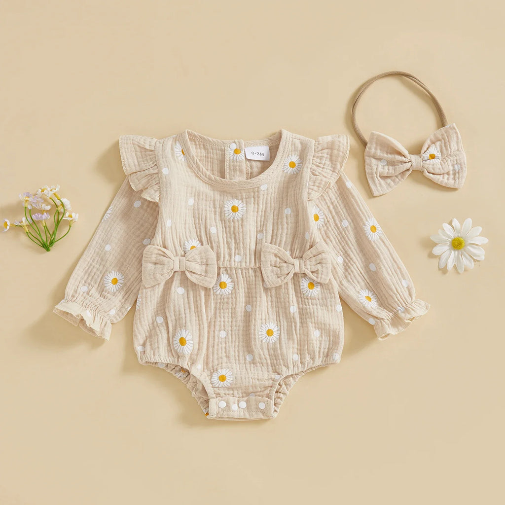 Baby Girl Fall Bubble Romper Daisy Print Long Sleeve Round Neck Bow Jumpsuit with Headband