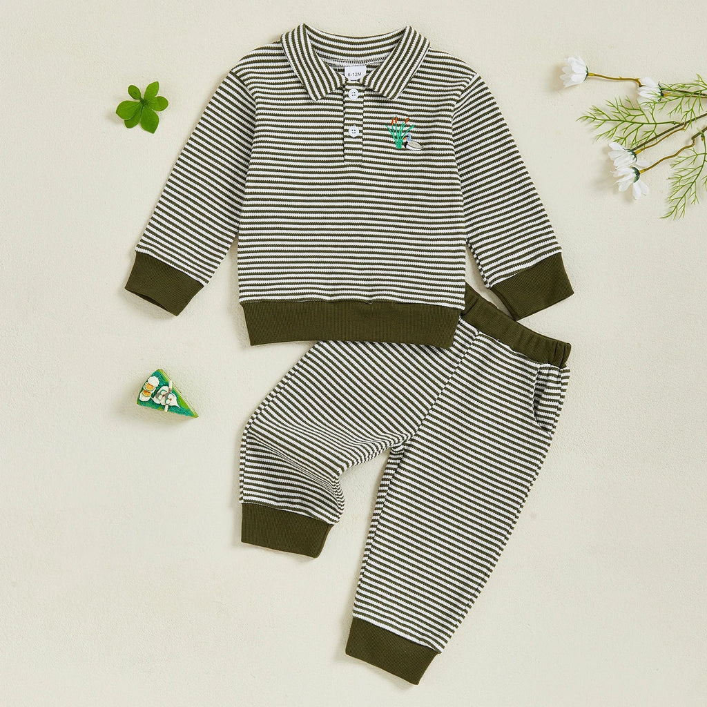 Baby Toddler Boys 2Pcs Long Sleeve Embroidery Duck Top with Striped Pants Infant Clothes Set