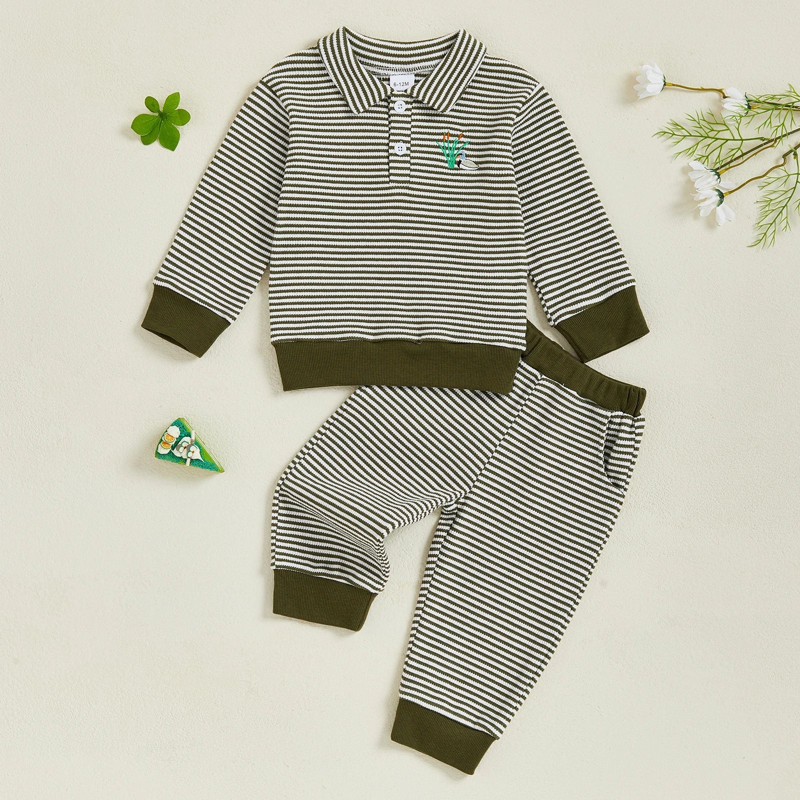Baby Toddler Boys 2Pcs Long Sleeve Embroidery Duck Top with Striped Pants Infant Clothes Set