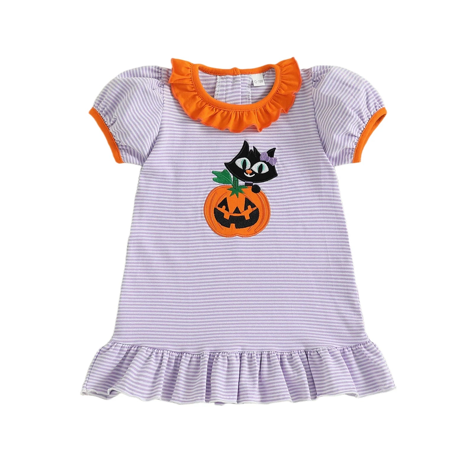 Baby Toddler Kids Girl Halloween Striped Dress Pumpkin Black Cat Embroidered Short Sleeve Ruffled Dress Cute Fall Clothes