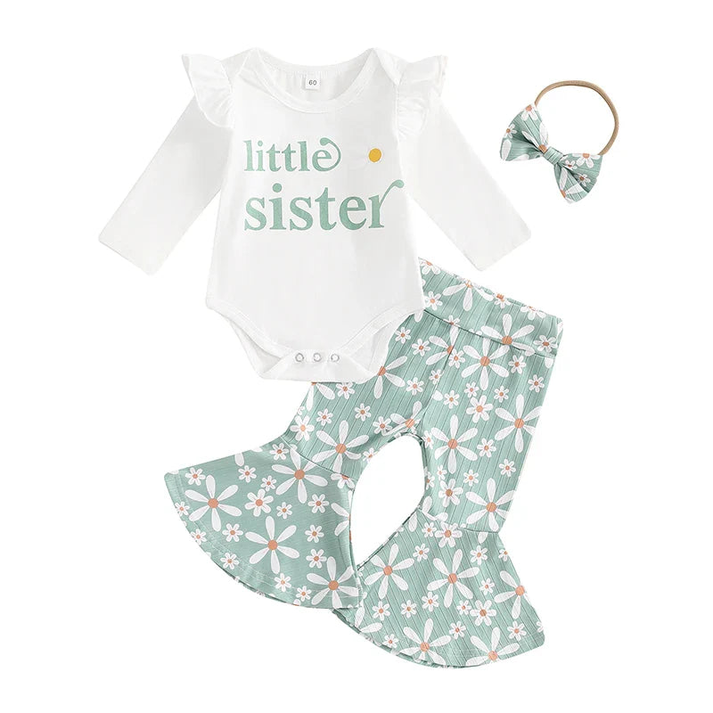 Baby Girls 3Pcs Little Sister Fall Set Frill Sleeve Letter Print Romper Floral Flower Flared Pants Headband Outfit