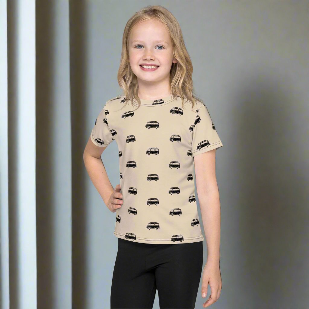 Vintage Bus Tan Black Toddler Kids Crew Neck T-shirt