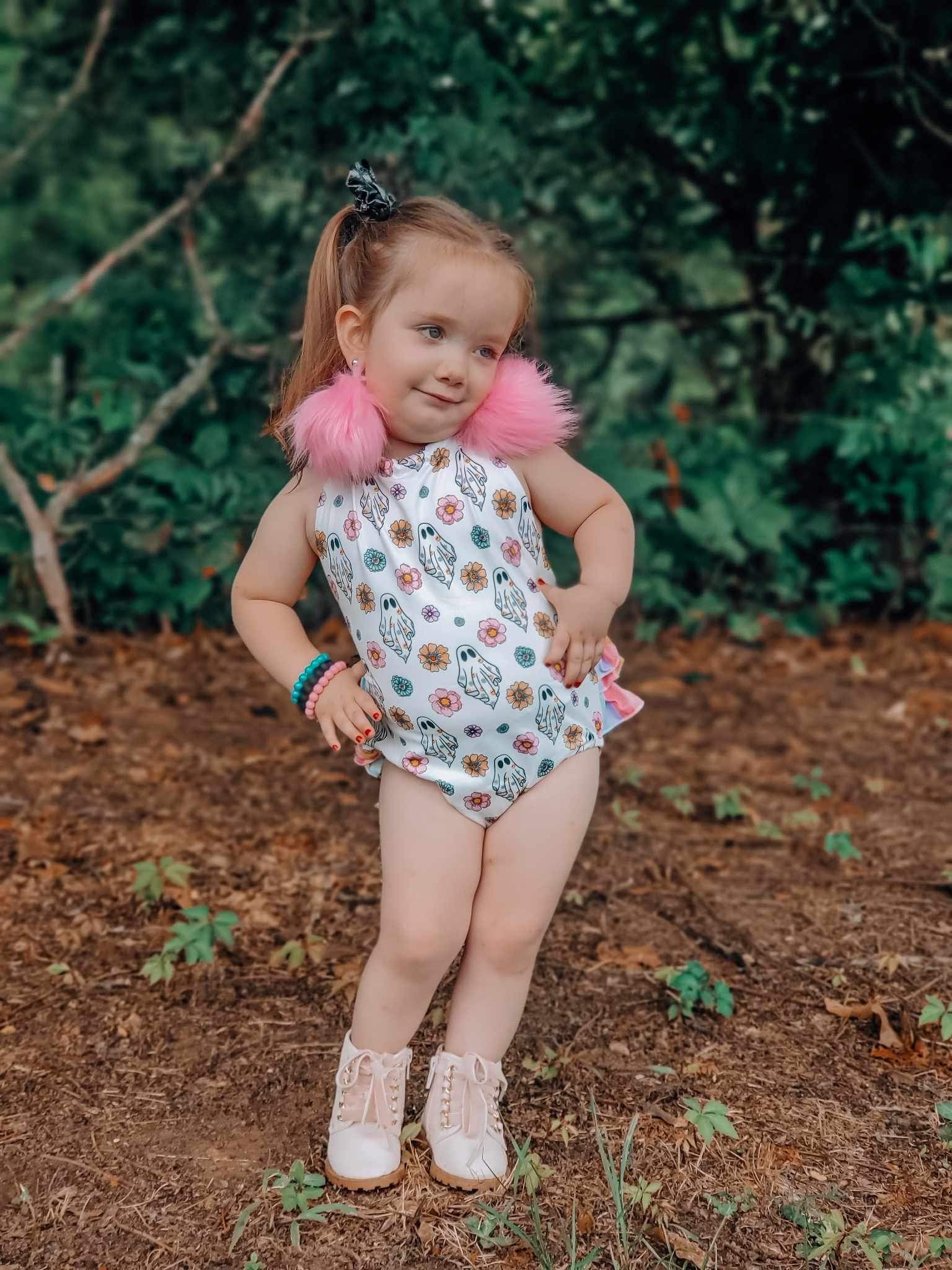 Colorful ghost tie ruffle romper