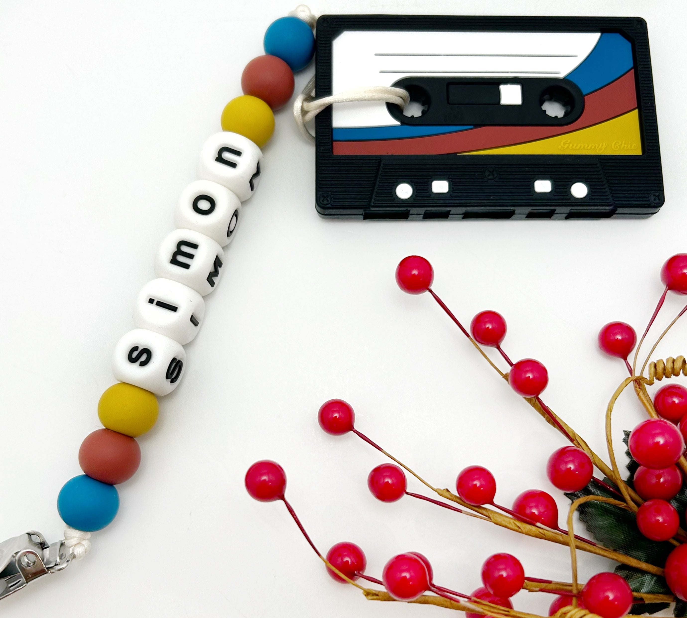 Personalized Cassette Tape Teether - Limited Edition Baby Pacifier Clip & Teether Leash