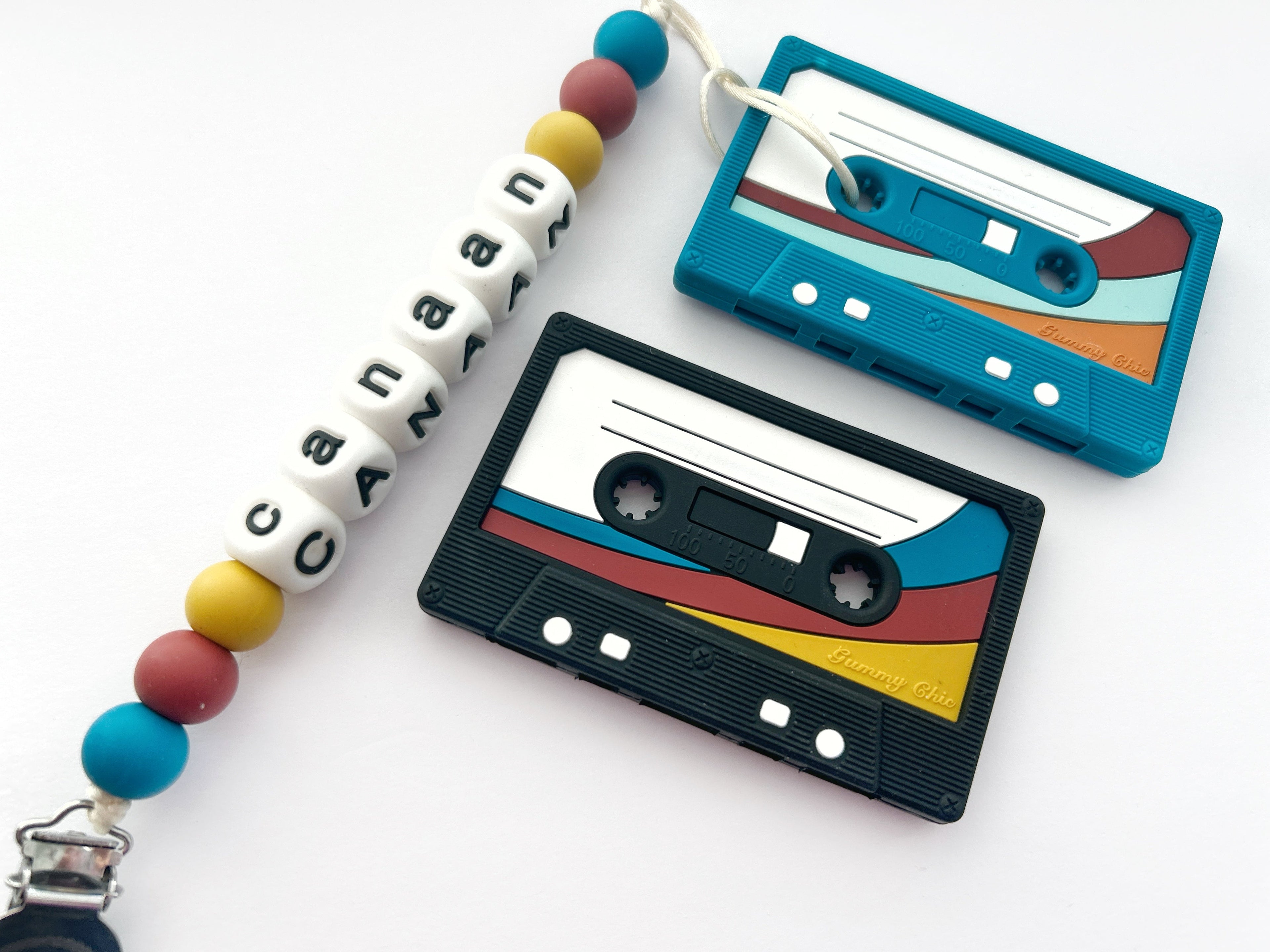 Personalized Cassette Tape Teether - Limited Edition Baby Pacifier Clip & Teether Leash
